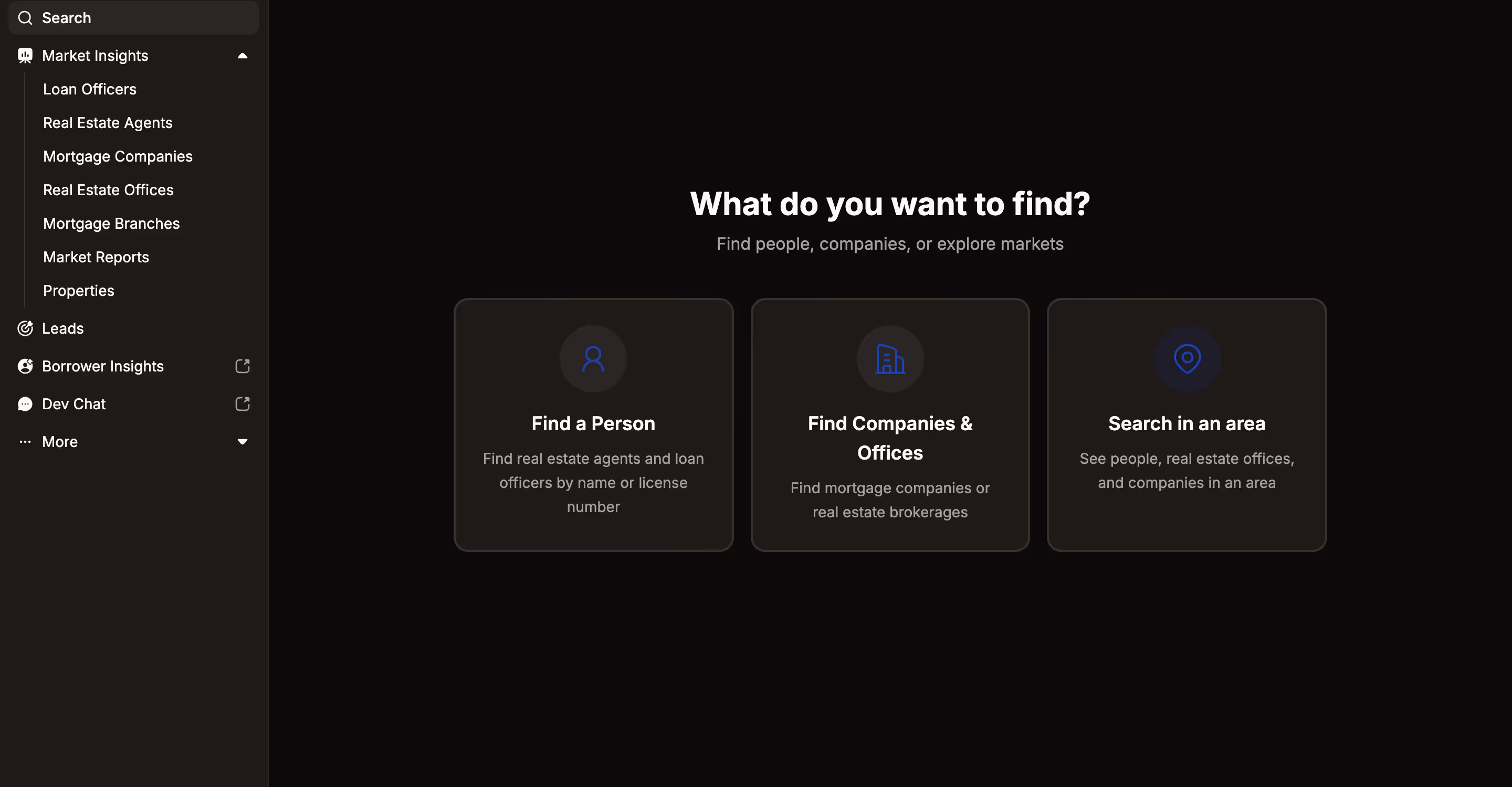 Model Match search home for loan officers, with real estate agents, loan officers, branches, and market reports in the sidebar