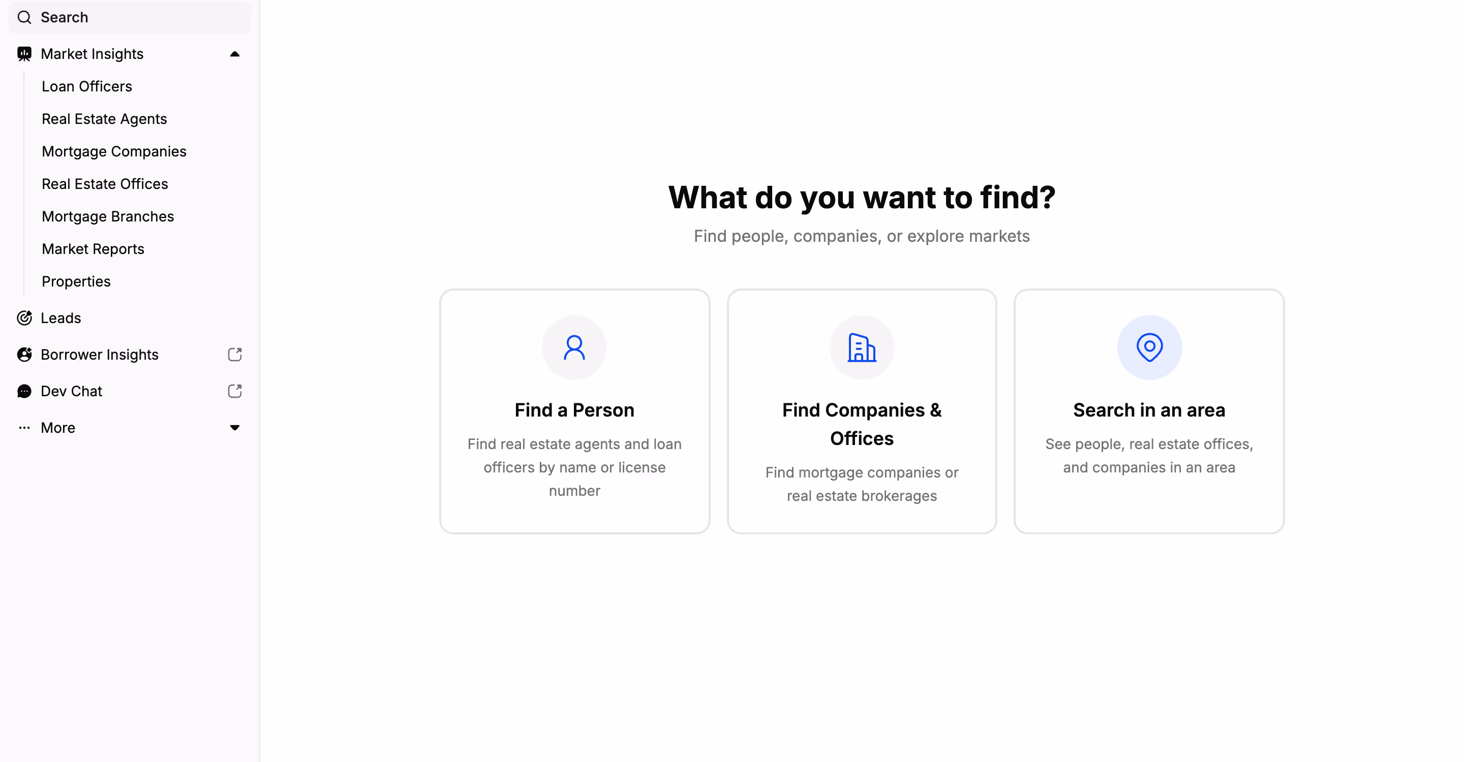 Model Match search home for loan officers, with real estate agents, loan officers, branches, and market reports in the sidebar